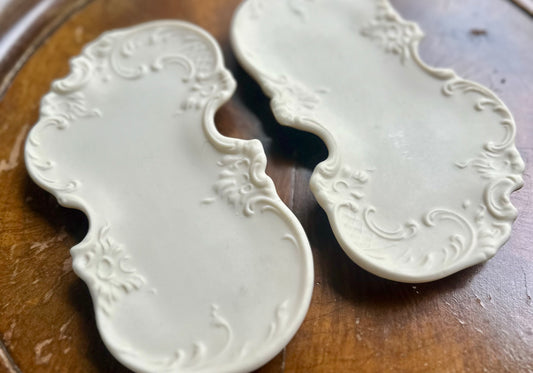 Milk glass dresser trinket trays (set of 2)