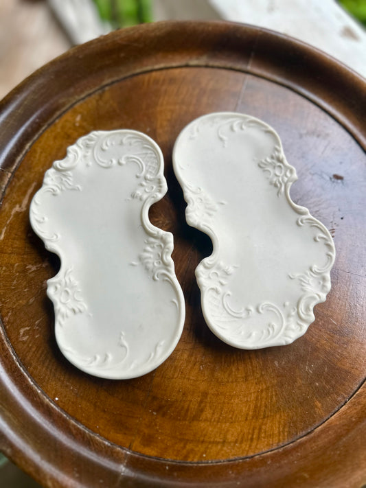 Milk glass dresser trinket trays (set of 2)